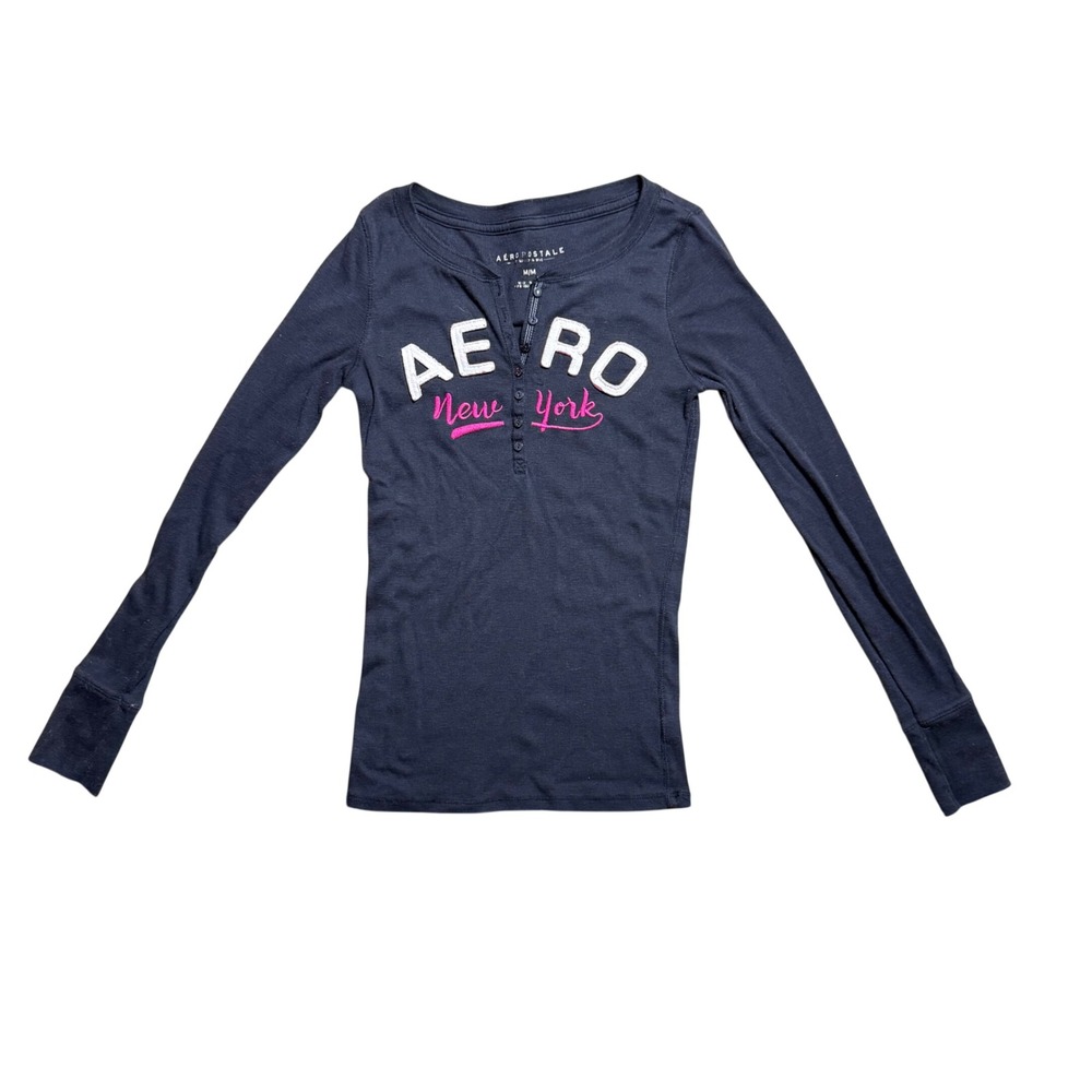 Aeropostale Womens Navy Blue Long Sleeve Henley